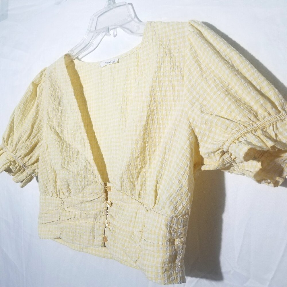 Timing Women L Short Puff Sleeve Yellow White Checker V-Neck Button Shirt Top